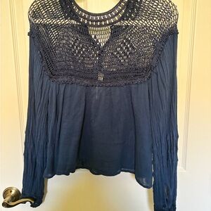 Free People Navy Crochet Yoke Long Sleeve Tunic